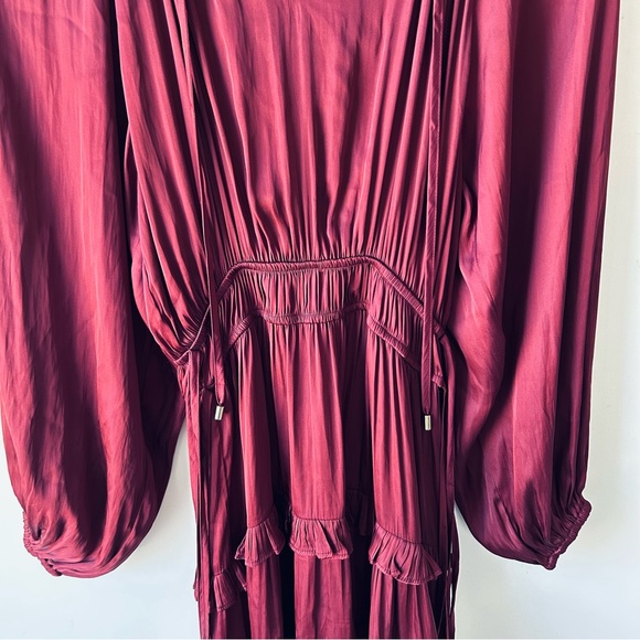 Minkpink Drawstring-Waist Peasant Dress Wine Women’s Sz S Festive Fall Romance - Picture 6 of 15